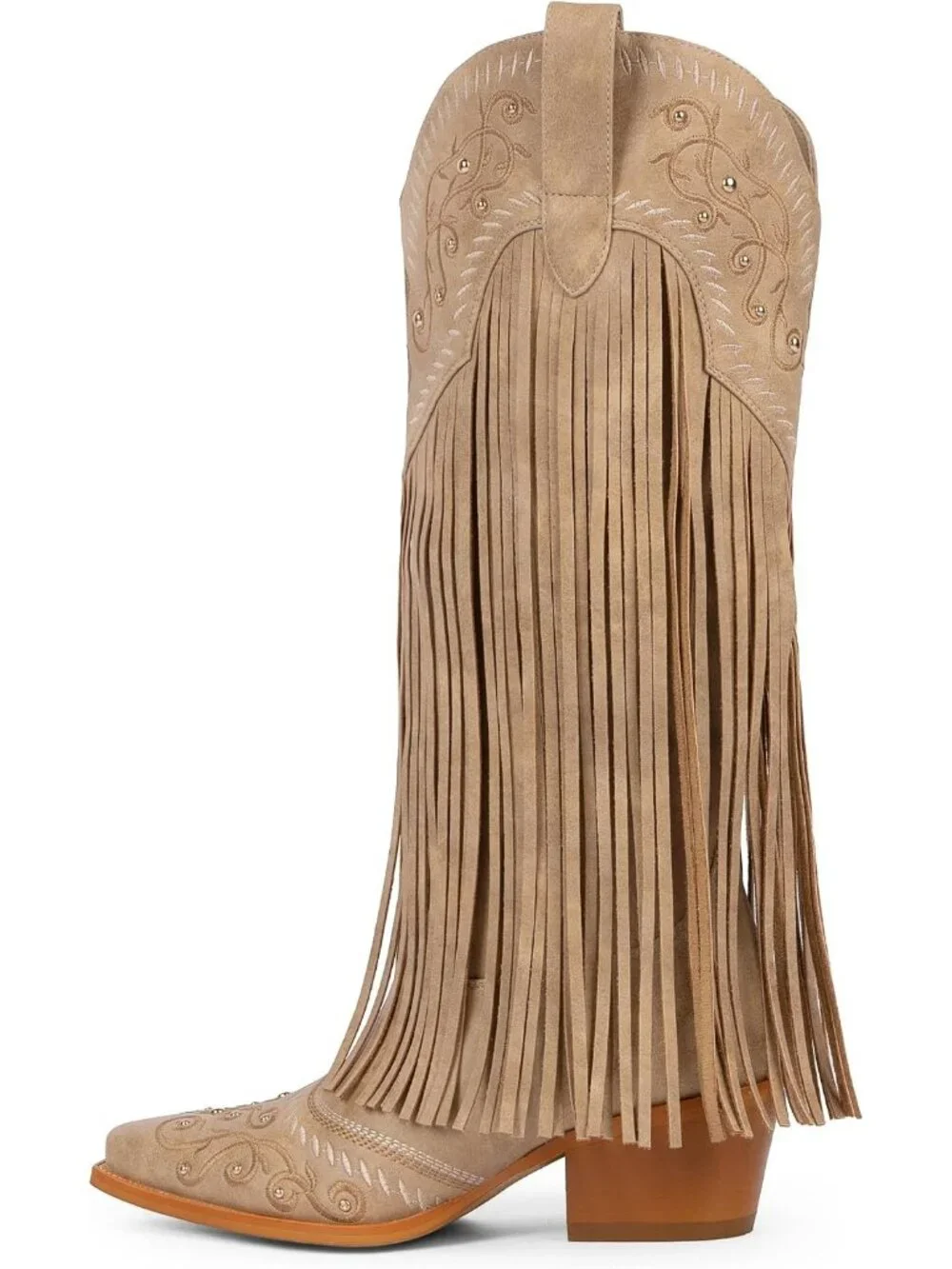 Women's Tan Knee High Pointed Toe Fringe Cowboy Mid Block Heel Boots